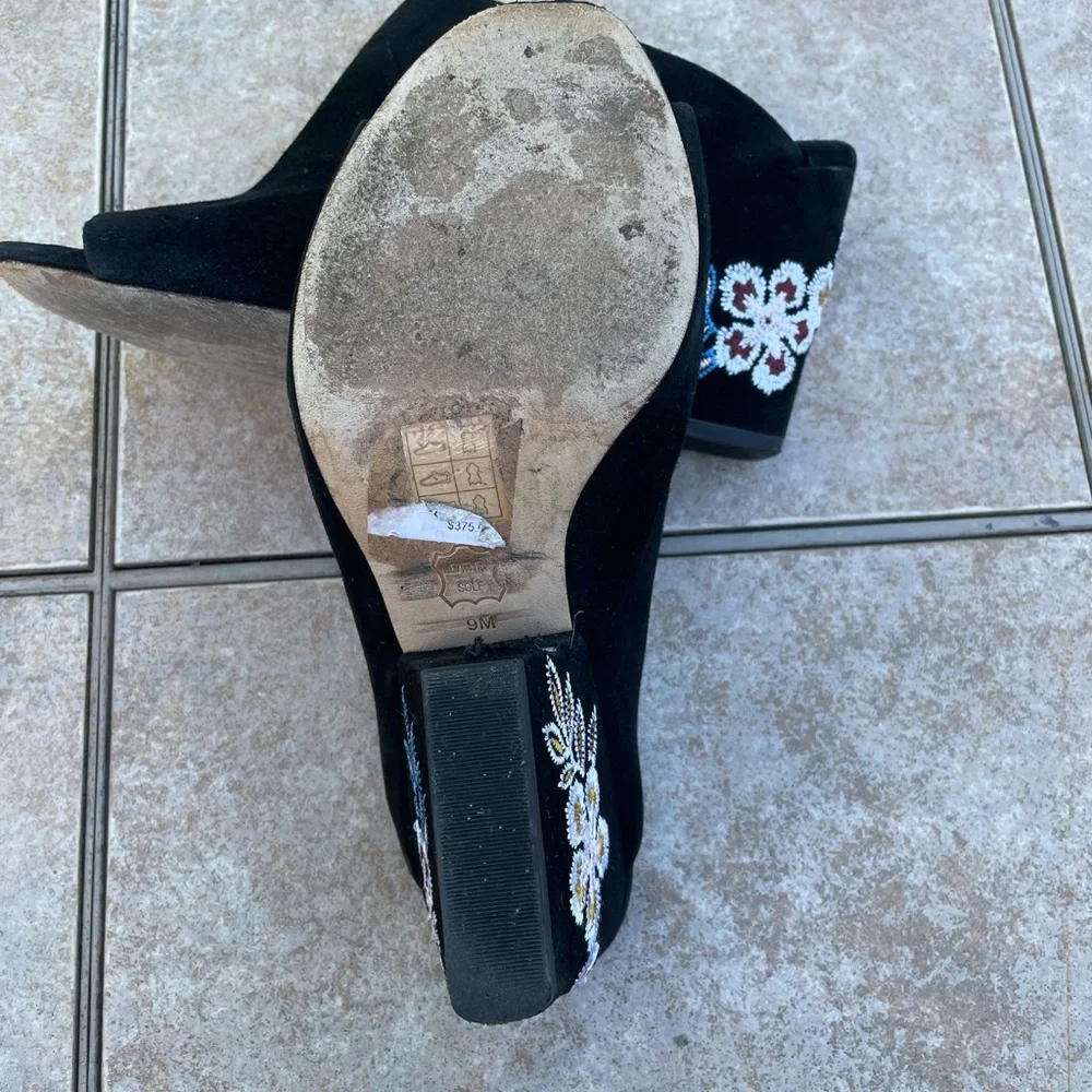 Tory Burch Black Embroidered Suede Mule Sandals Size 9